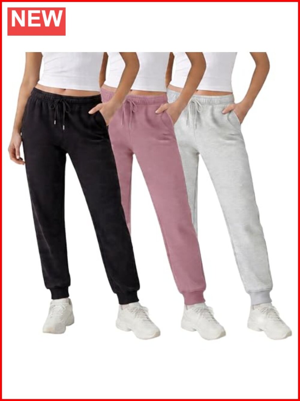 3 Pack Fleece Joggers Slim Fit Tapered Leg Deep Pockets Women Sweatpants
